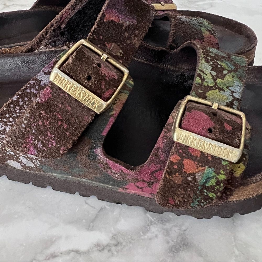 Birkenstock Arizona Leather Flower Crush Mocha Sandals - Picture 5 of 13
